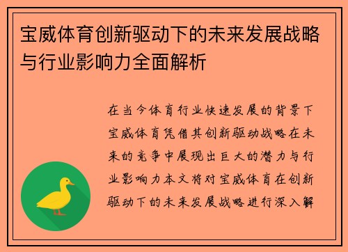 宝威体育创新驱动下的未来发展战略与行业影响力全面解析